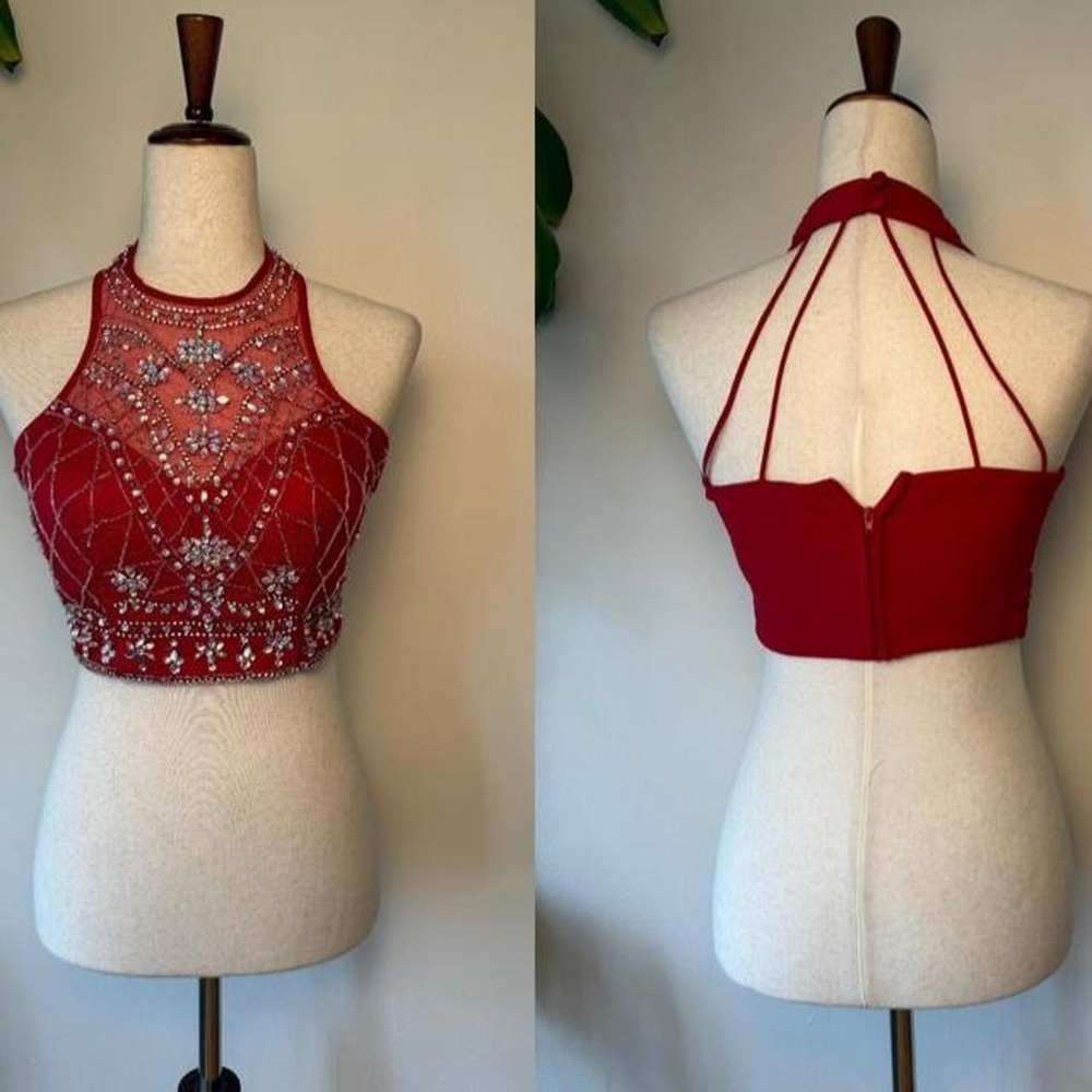 B. Darlin Red Beaded Sequin Mesh Halter Crop Top Strappy Back XS 3/4